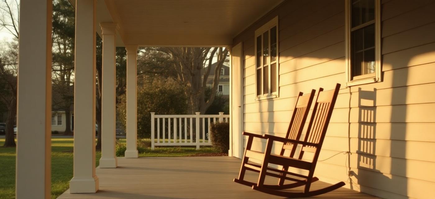 A pair of rocking chairs on a quiet porch
