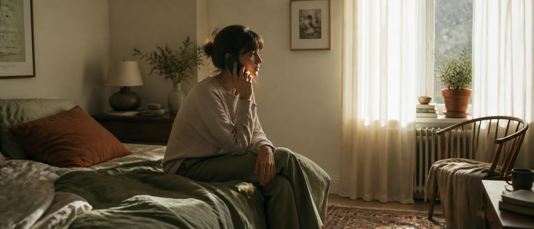A woman standing at a sunlit window with a phone to her ear