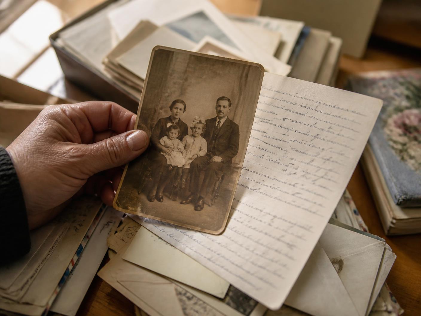 A hand holding an old family photograph and a handwritten note found among a pile of papers