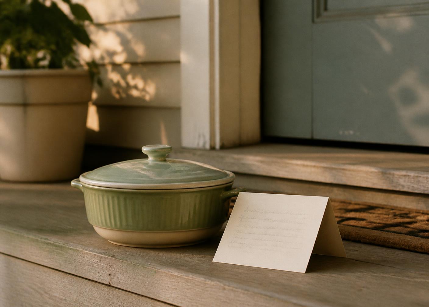 A covered casserole dish and a folded handwritten note left on a wooden front doorstep in late afternoon light