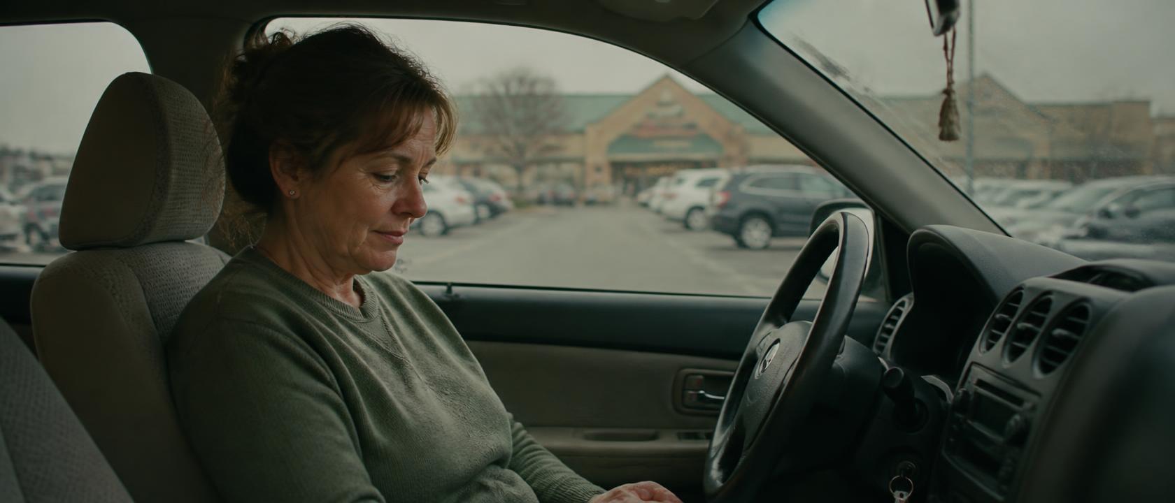 A woman sitting alone in a parked car in a grocery store parking lot