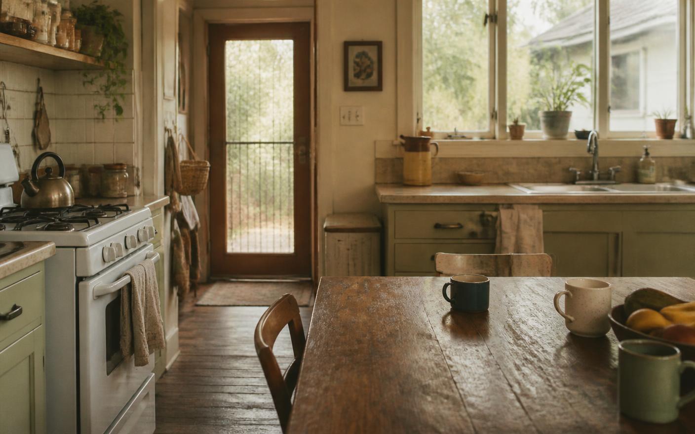 A quiet, lived-in family kitchen in the morning with a kettle on the stove and mugs on a worn wooden table
