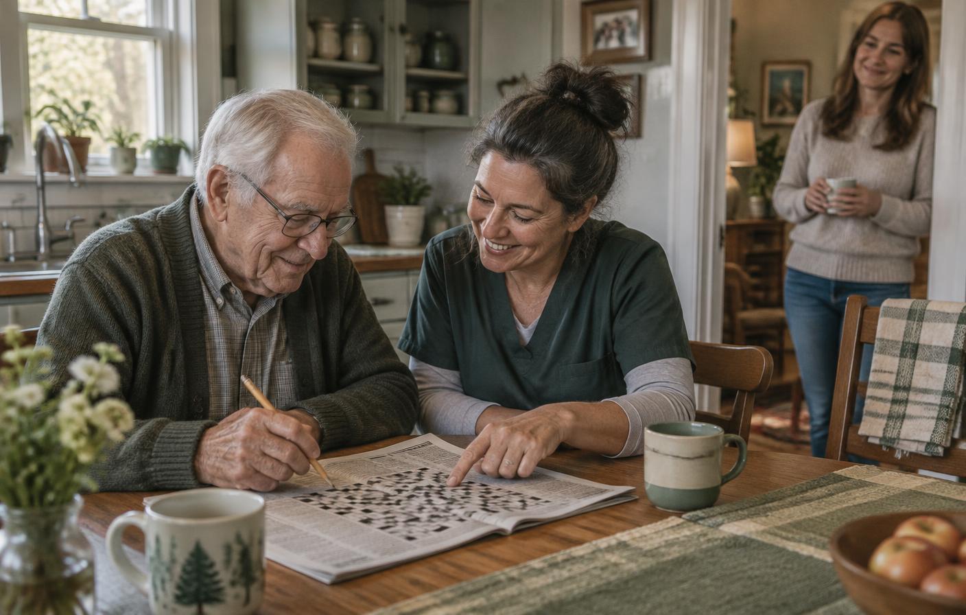 An older man enjoying a crossword with his regular home-care aide while his daughter looks on