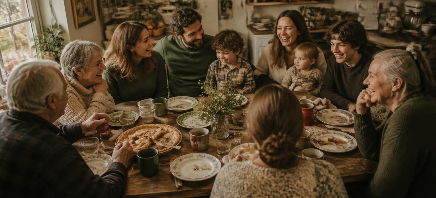 Several generations of a family laughing around a kitchen table after a meal