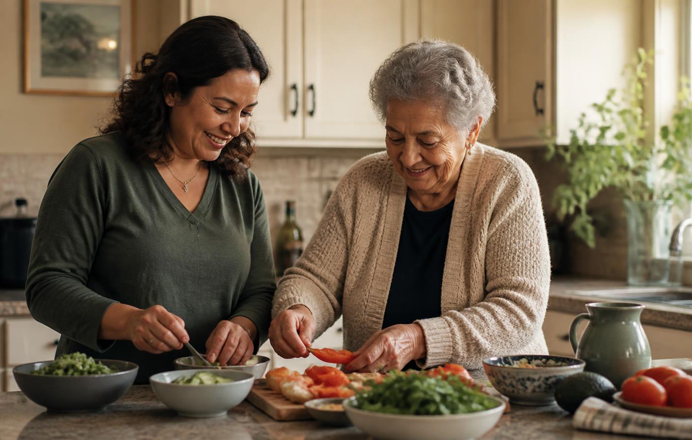 A home aide and an older woman preparing a simple meal together in a warm kitchen