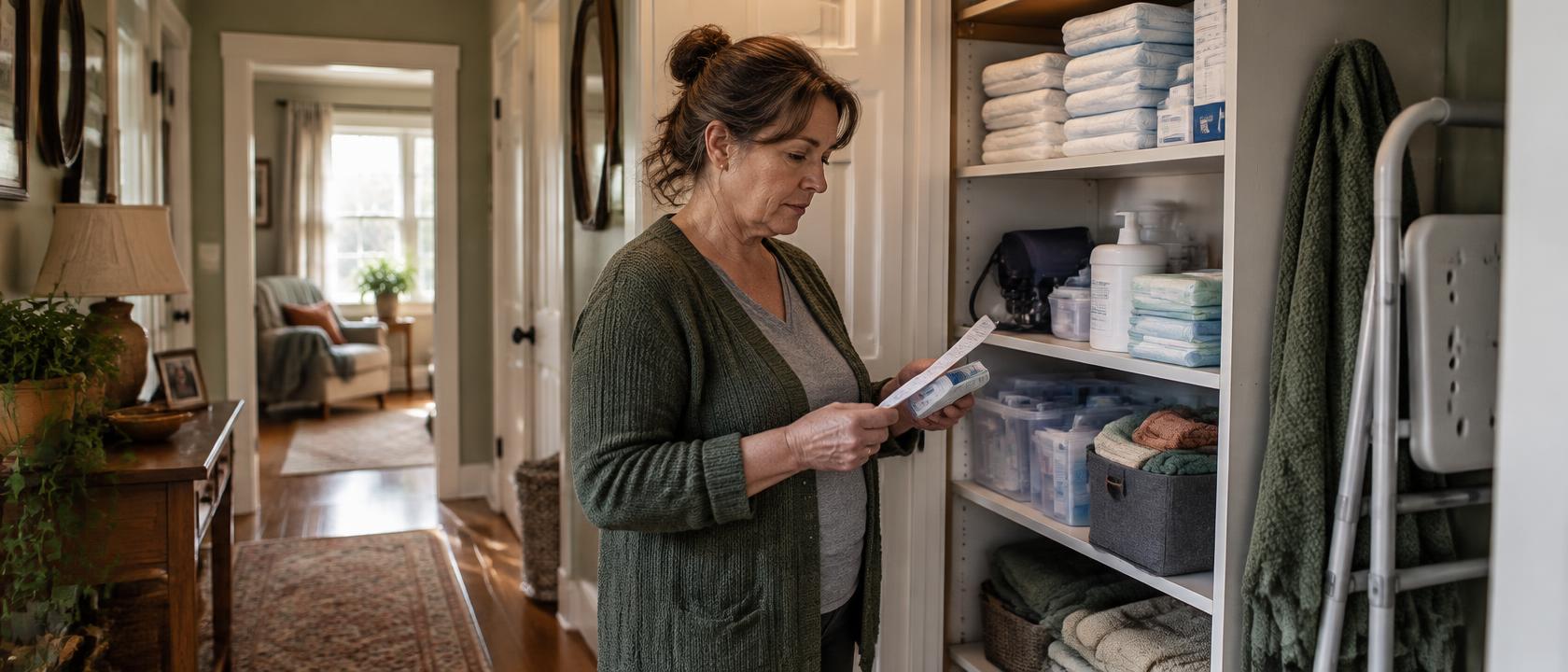 A family caregiver reviewing medical supplies and receipts in a well-used hall closet