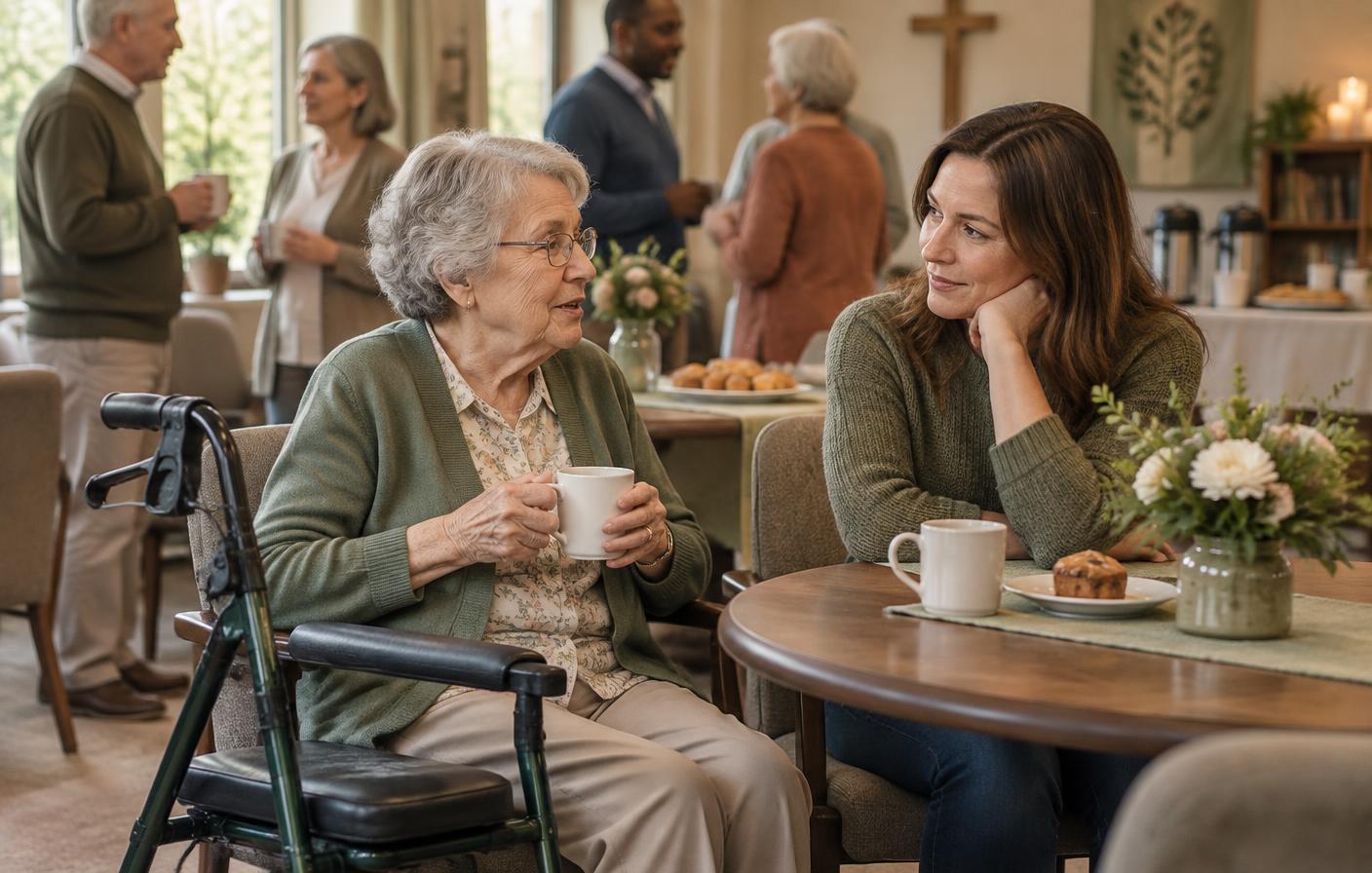 An older woman using a rollator with a seat while enjoying coffee with her daughter at a community gathering
