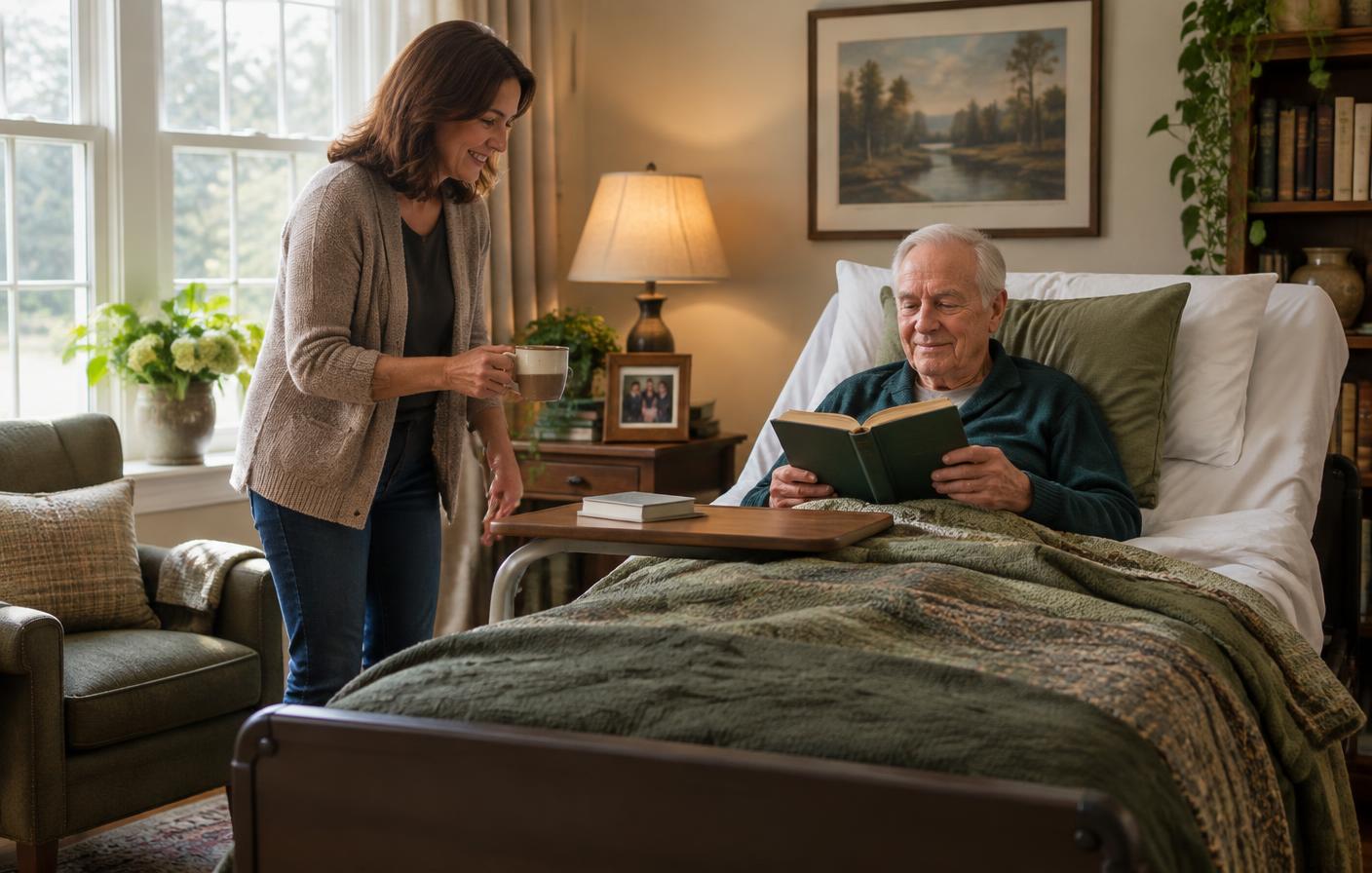 An older man reads comfortably in a home hospital bed near his favorite window while his daughter brings coffee