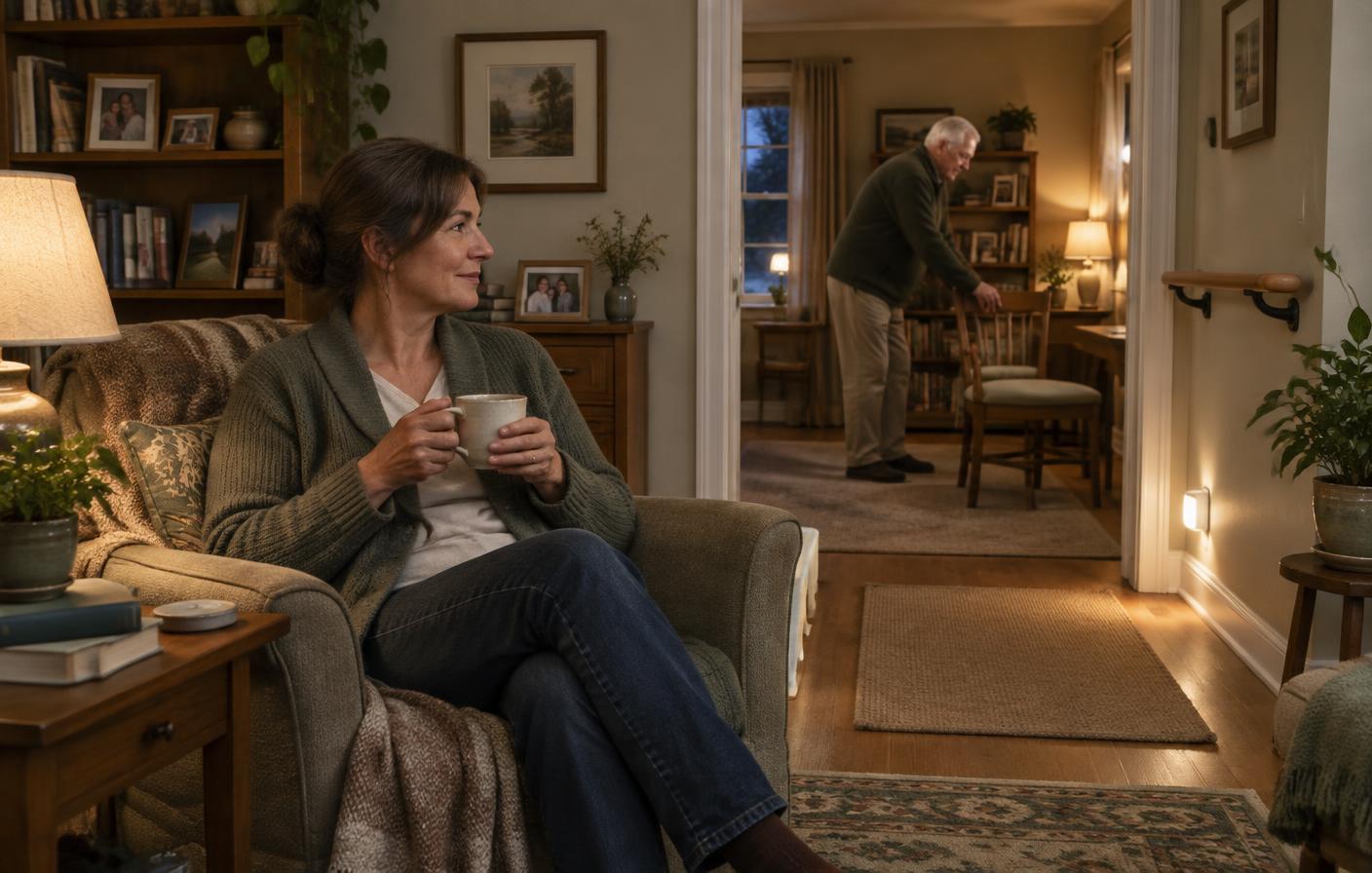 A caregiver remains calmly seated with tea while her older father moves a chair along a clear, softly lit path in the next room