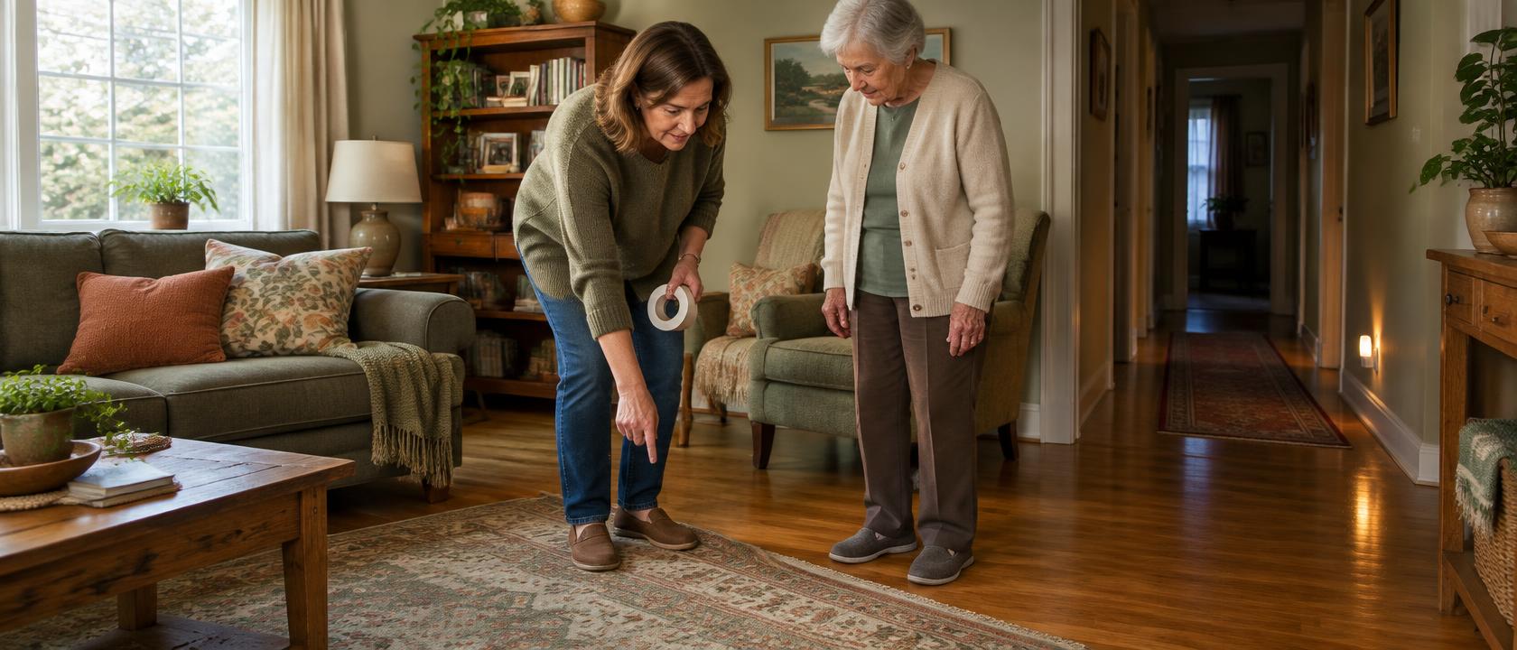 A daughter and her older mother checking a living room rug during a home safety walk-through